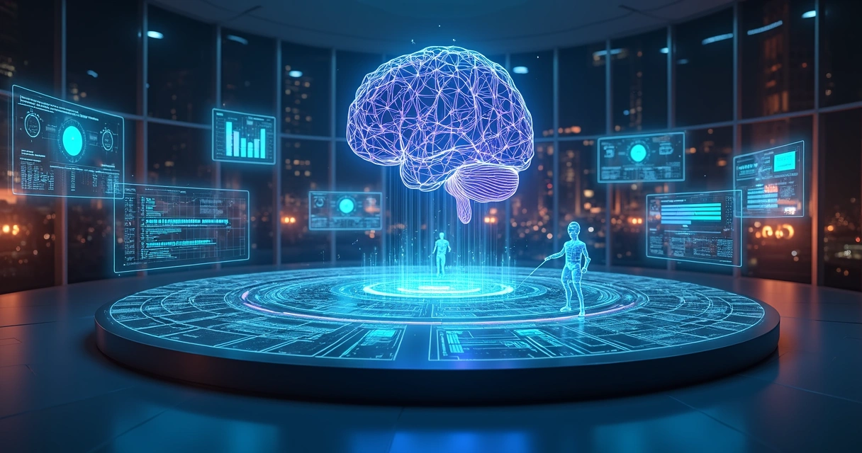 Central de comando digital controlando múltiplos agentes de IA de marketing