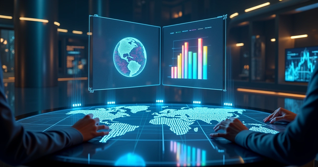 Painel holográfico comparando Google Gemini e Perplexity em gráficos de tráfego digital