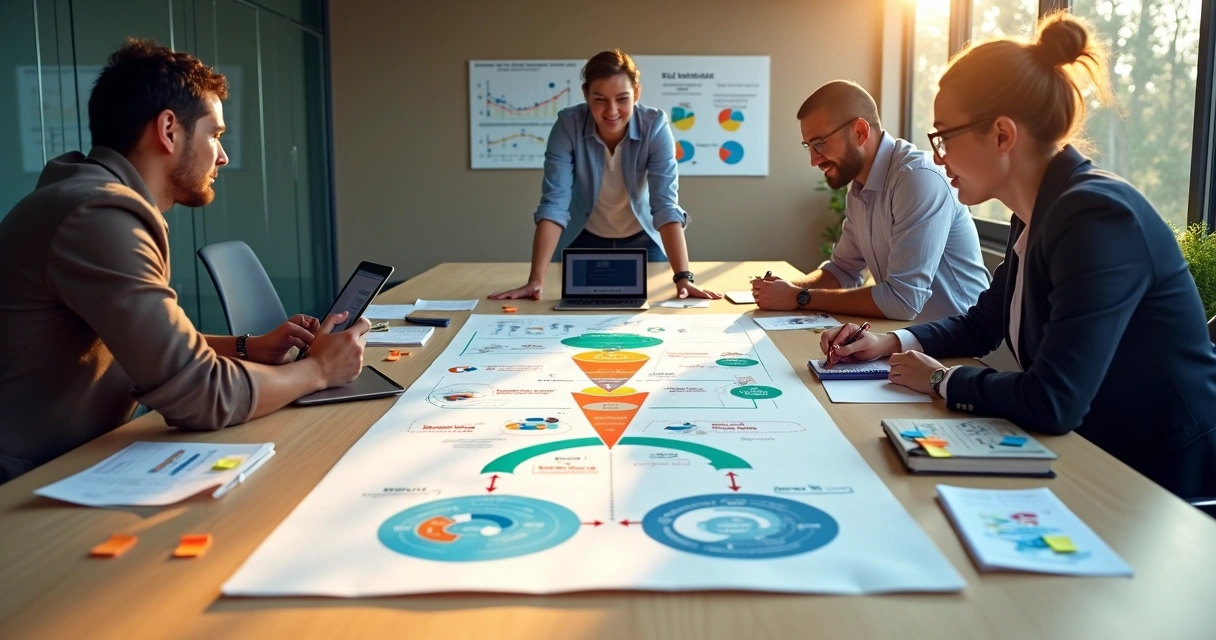 Gestores analisando fluxos de produto e funil de crescimento em mesa de reunião