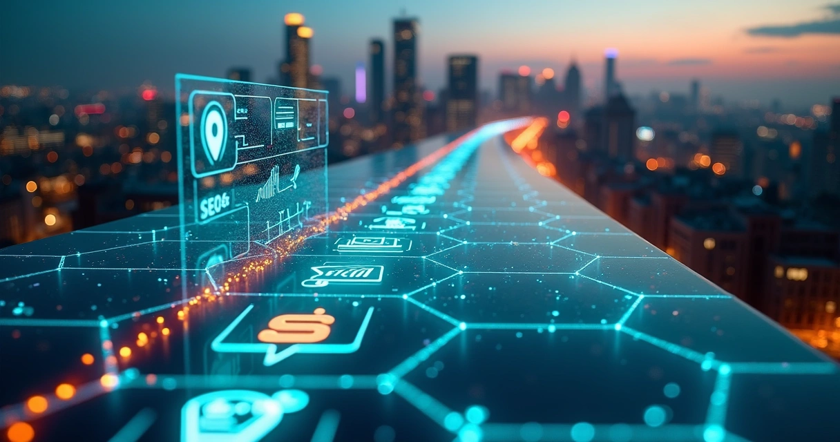Caminho digital sinuoso ligando ícones de produto, SEO, GEO e AEO em cenário urbano noturno