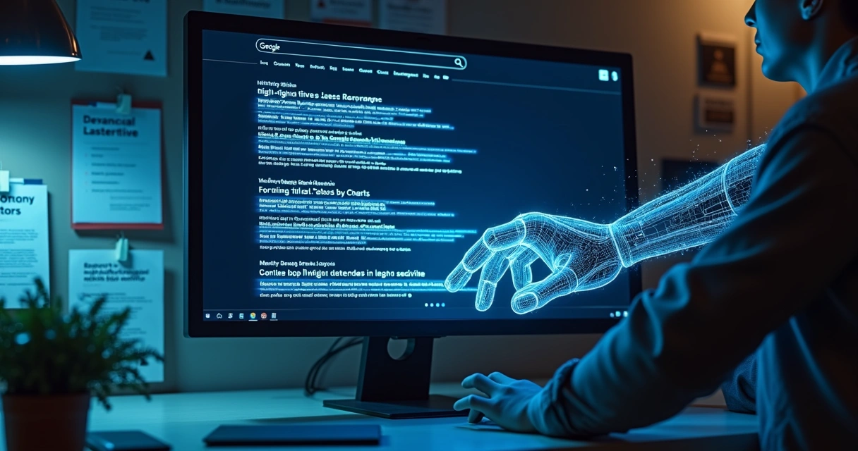 Montagem mostrando resultados de busca do Google sendo editados por inteligência artificial