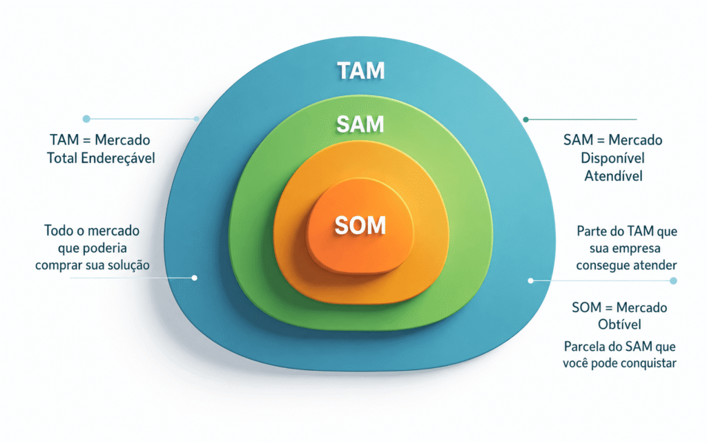 TAM, SAM e SOM: Como calcular o tamanho de mercado na prática 1 representação visual das camadas da matriz TAM, SAM e SOM