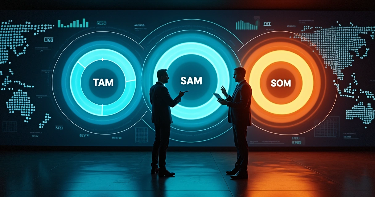 Representação visual de gráficos concêntricos TAM SAM SOM em painel de dados de mercado