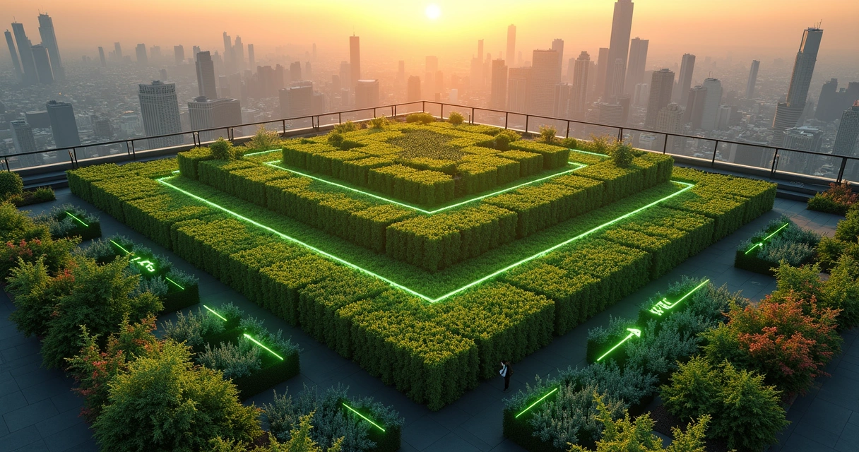 Vista aérea de jardim geométrico com setas verdes formando funil de crescimento