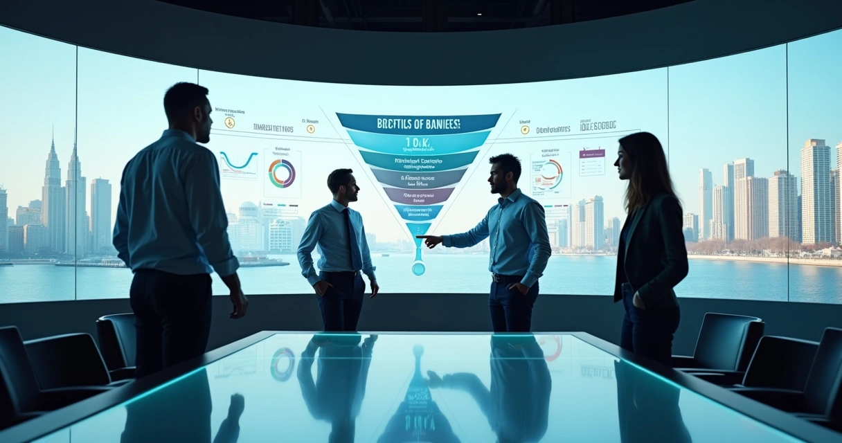 Gestor analisa painel digital com funil de vendas e gráficos crescendo em 2026