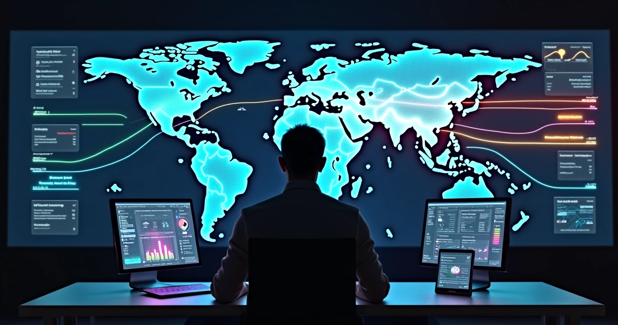 Onion Tech: produto, marketing e growth 4 Painel com mapa digital mostrando anúncios online gerando tráfego para vários dispositivos