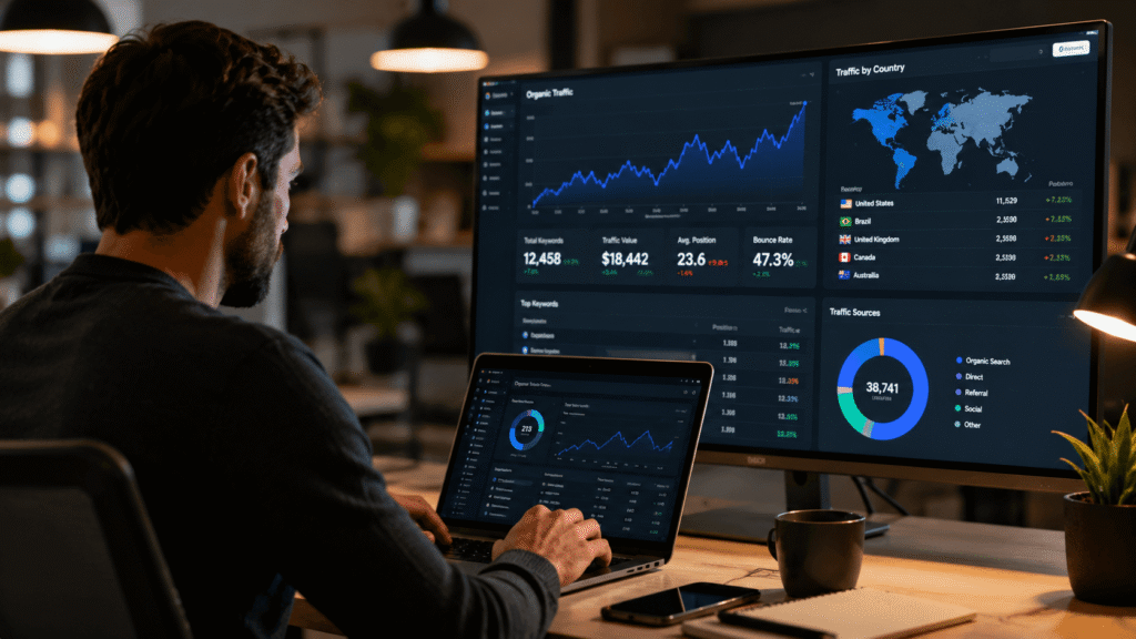 Como a IA Descobre Informações Sobre Sua Marca — e Por Que Isso Muda Tudo 1 profissional de marketing analytics mexendo em um dashboard