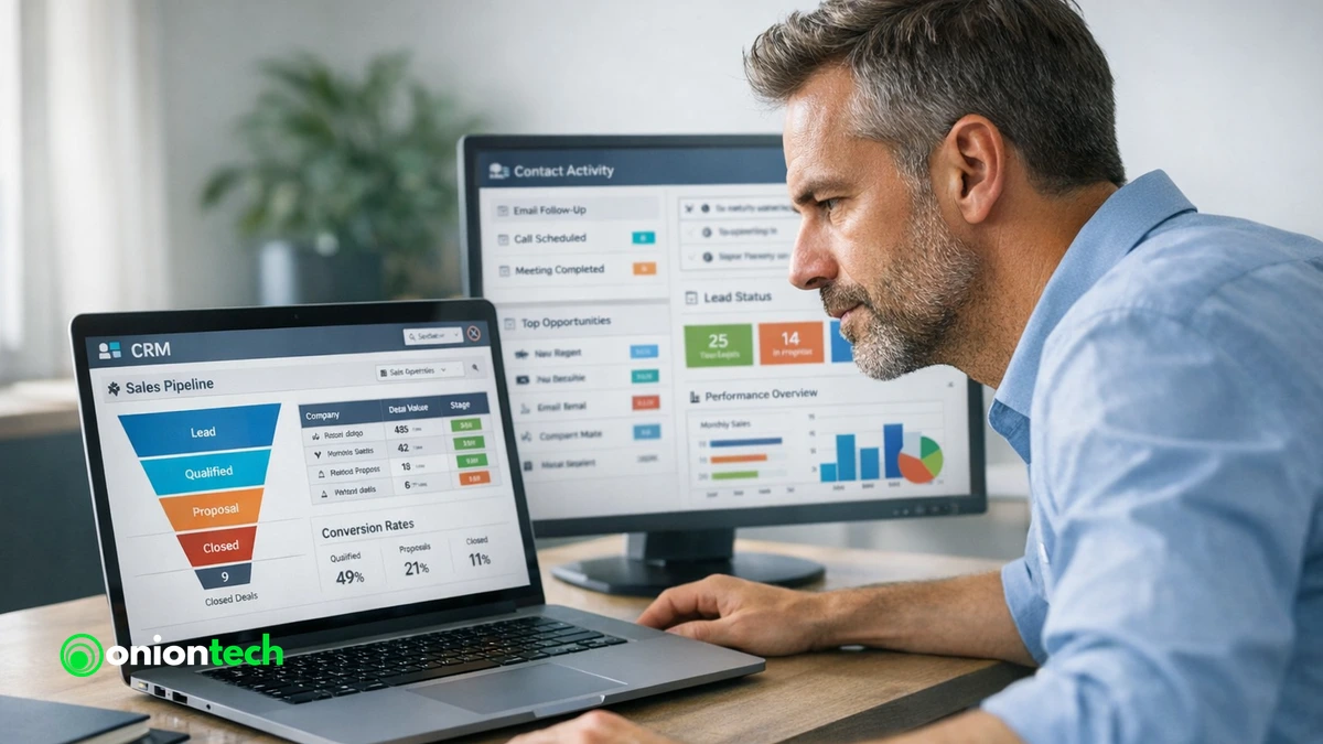 CRM para Pequenas Empresas: como escolher, implementar e não abandonar em 30 dias 1 Empresário analisando dashboard de crm para pequenas empresas em notebook, com gráficos de pipeline de vendas e métricas