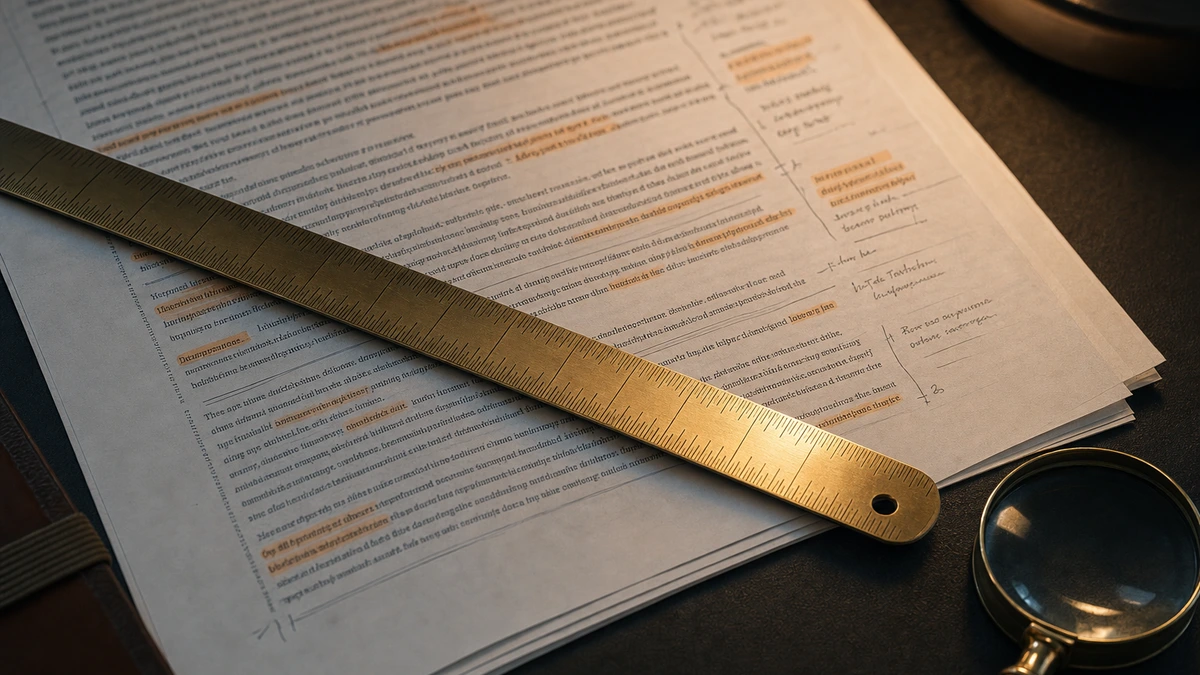 Densidade de Keywords representada por régua de medição sobre folha de texto analítico em mesa de estrategista