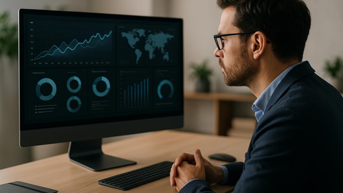 Inteligência Artificial e o Futuro da Gestão de Produtos: O Que Esperar? 1 **Profissional analisando dados de produtos em dashboard digital com gráficos e métricas de Inteligência Artificial em tempo real**