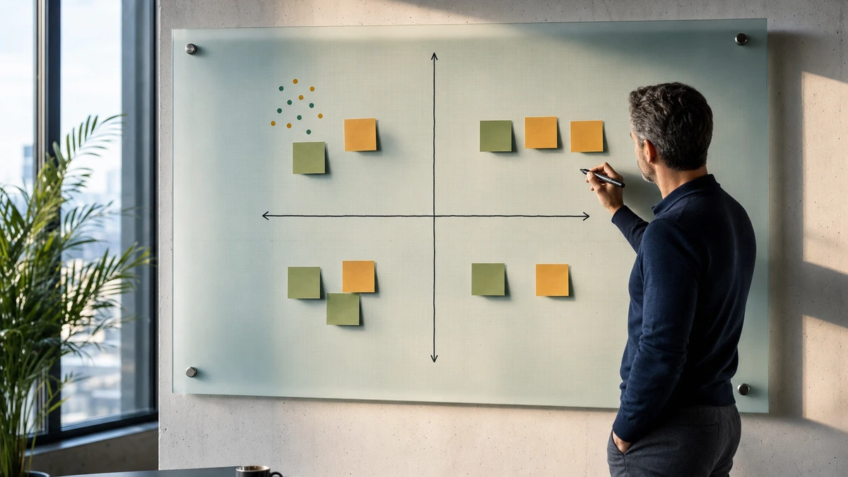 Representação visual da matriz impacto x esforço com quatro quadrantes em painel de vidro fosco em ambiente corporativo