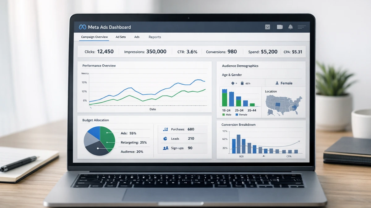Dashboard de meta ads mostrando métricas de campanha, segmentação de público e ROAS em tempo real para pequenas empresas
