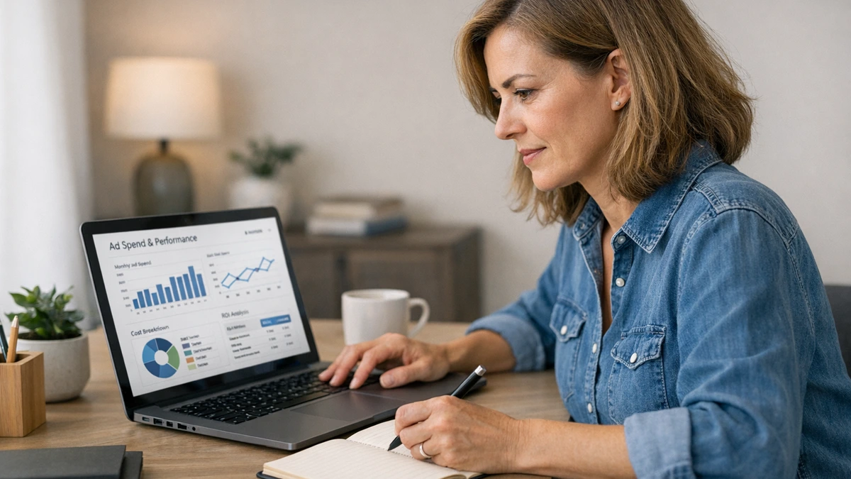 meta ads: Gestor de PME analisando planilha de orçamento e ROI de campanhas de mídia paga em notebook