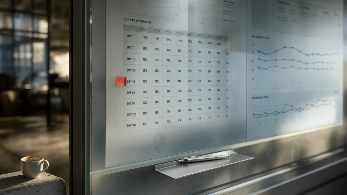 Churn silencioso no SaaS: o que o Produto precisa corrigir antes de qualquer Campanha de Retenção 1 Painel de métricas de churn silencioso no SaaS com gráficos de retenção por coorte e Product Engagement Score em queda