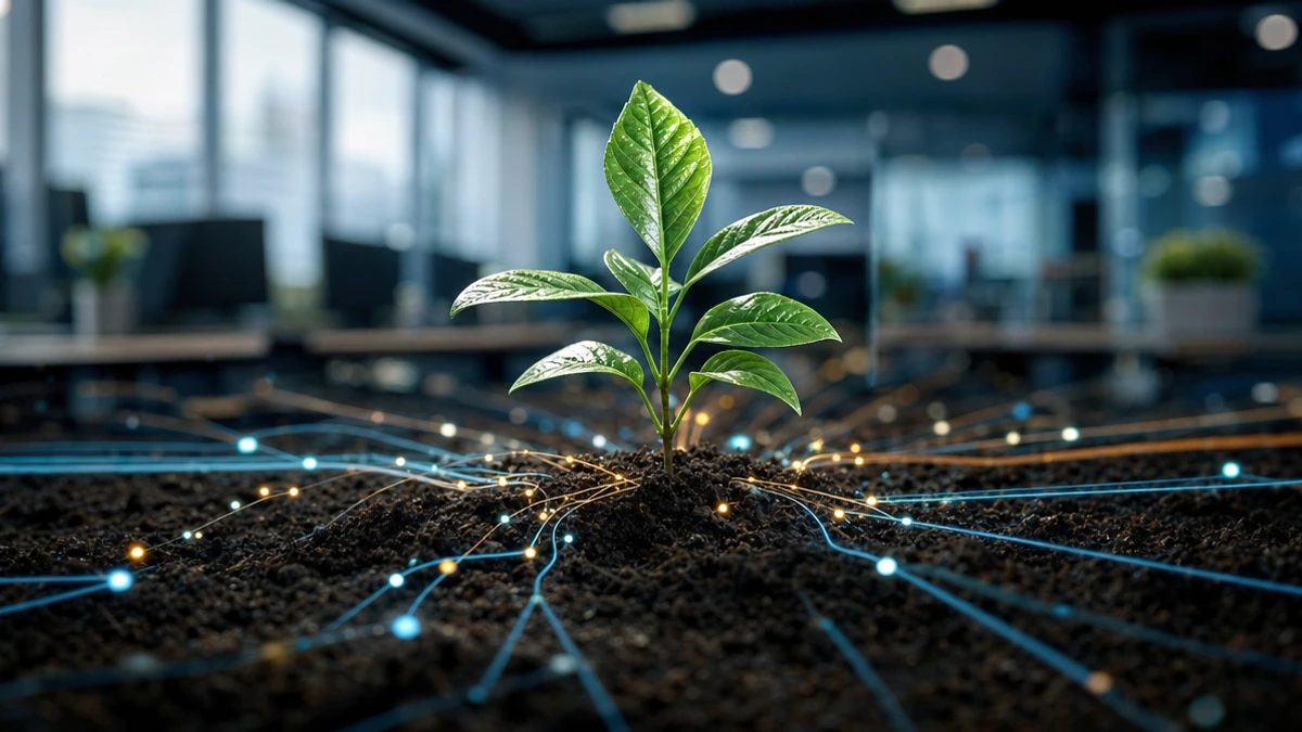 seo para pequenas empresas: Um pequeno broto verde crescendo vigorosamente em um jardim digital iluminado