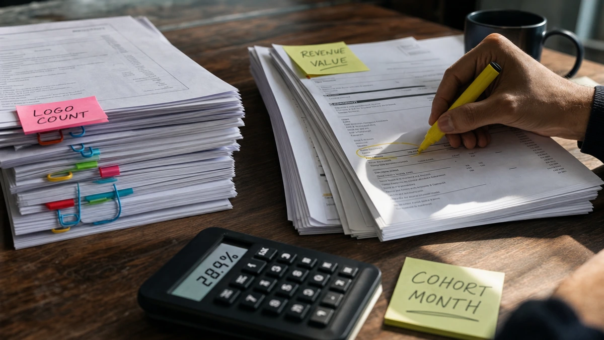 Analista comparando contratos impressos para calcular retenção de clientes por logo e por receita