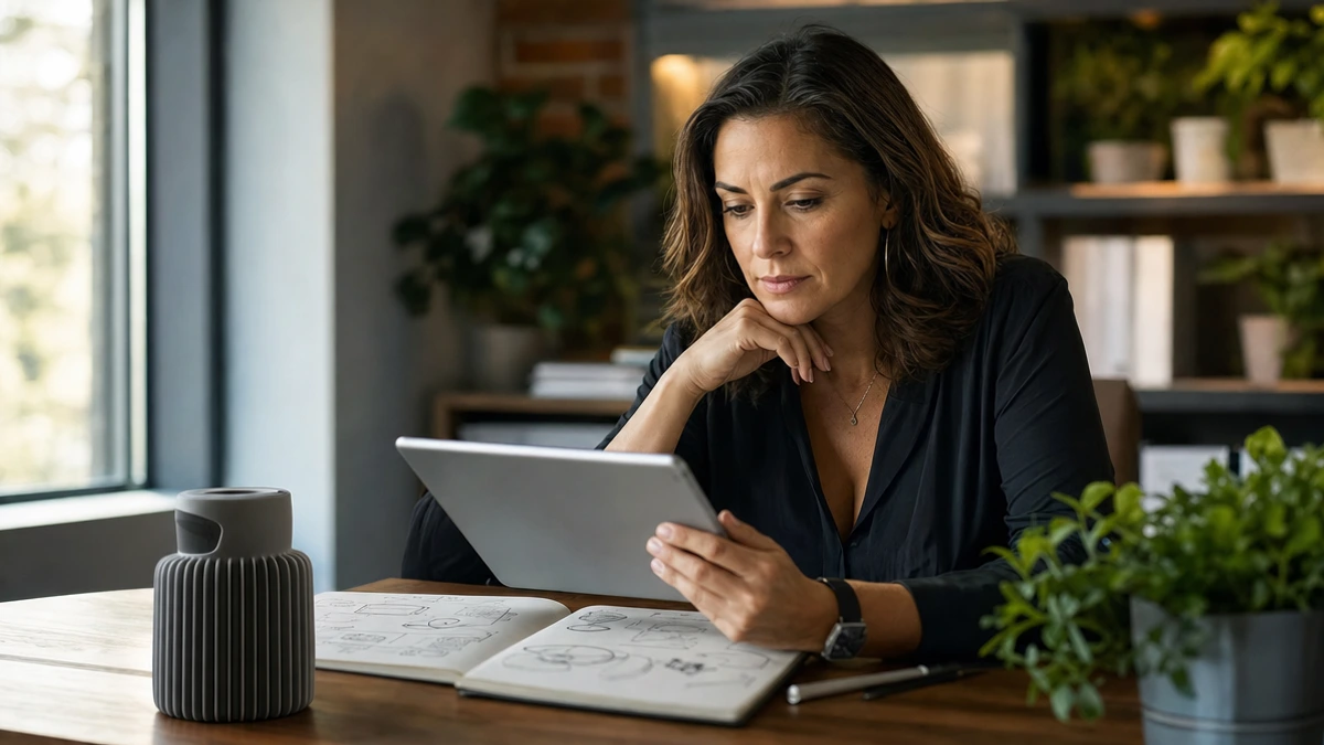 integrar estratégias de produto e marketing digital: Uma gestora de produto revisa dados de clientes em um tablet