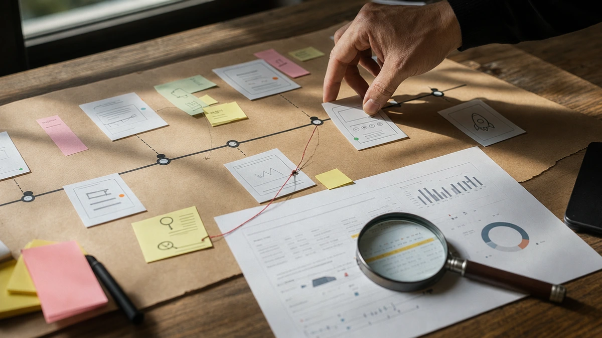 Como construir uma estratégia de SEO alinhada ao roadmap do produto 1 Mesa com roadmap de produto e post-its de palavras-chave representando seo alinhada ao roadmap do produto