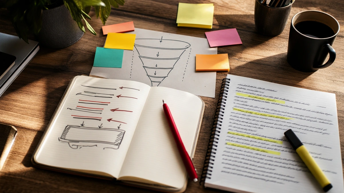 Mesa editorial mostrando a diferença entre copywriting persuasivo e texto de conteúdo informativo organizados