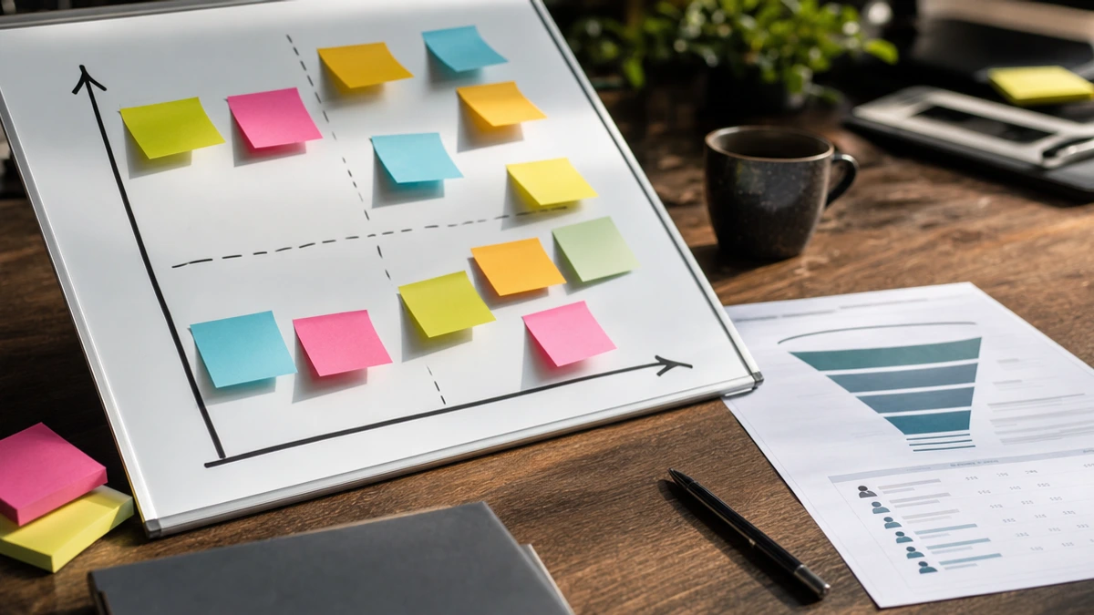 Quadro de priorização de hipóteses e funil impresso usados em um processo de growth hacking orientado a dados